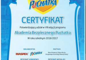 Certyfikat Akademia bezpiecznego Puchatka